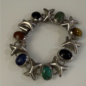 Sterling Silver Taxco Mexico Multi Stone Bracelet Turquoise Lapis Onyx Jasper
